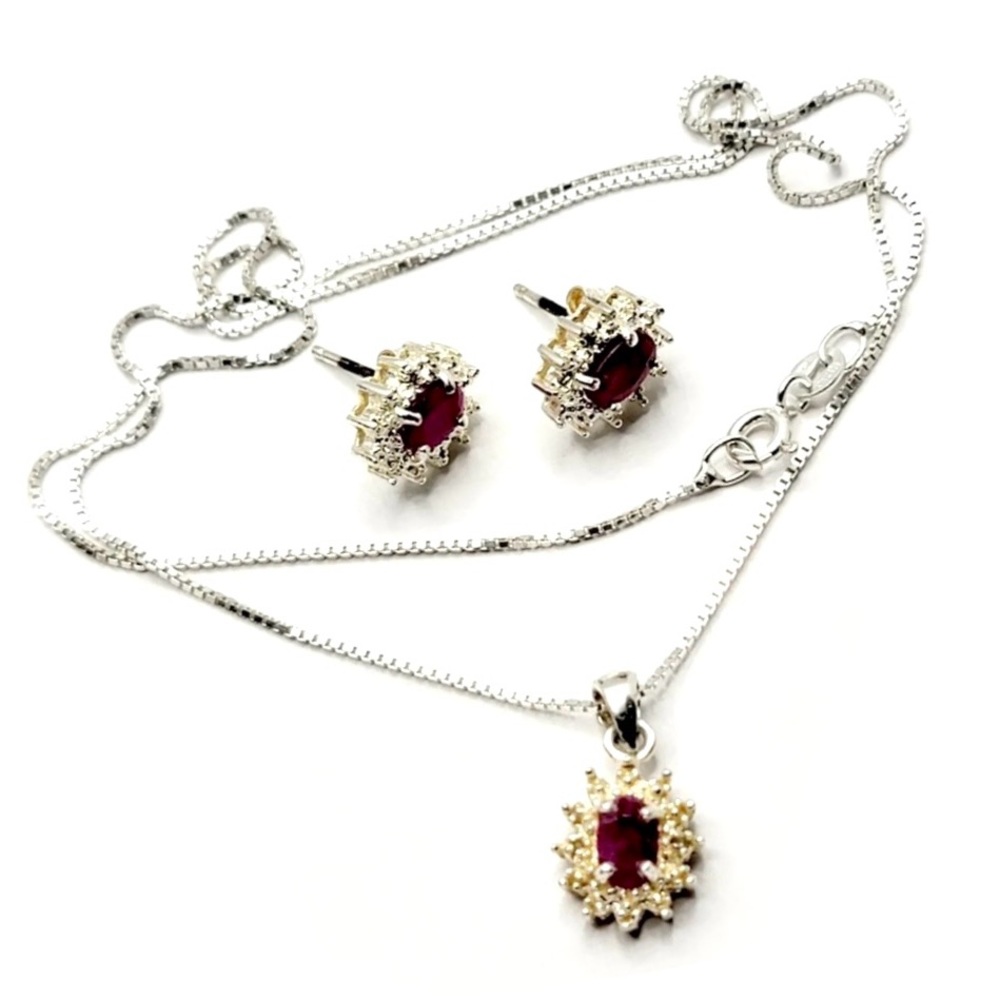 Ruby Diamond Chip Sterling Silver Necklace & Matc… - image 1